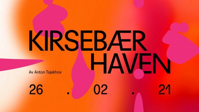 Grafisk element med fargene oransj og rosa. Tekst: Kirsebærhaven. 26.02.21