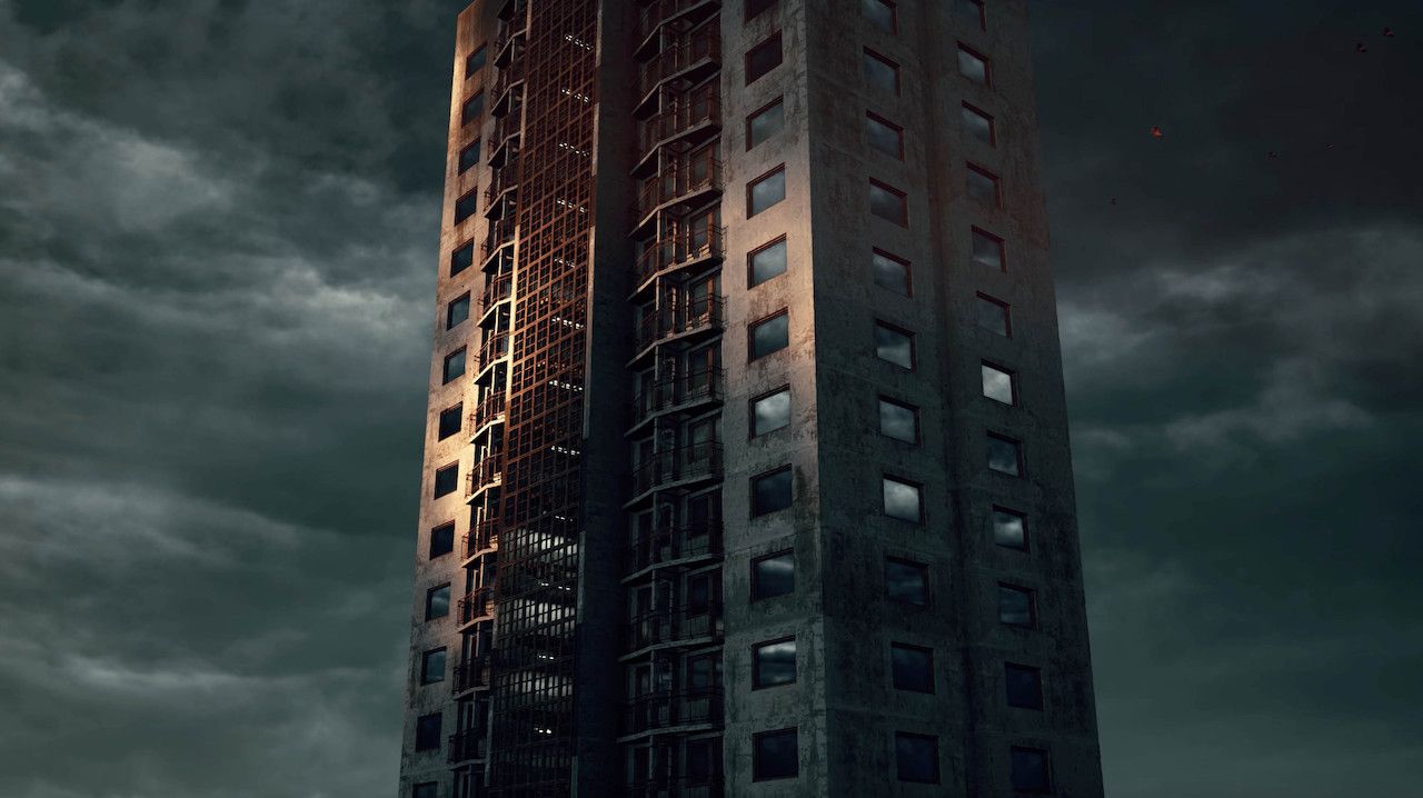 en illustrasjon av en bygning mot mørk himmel