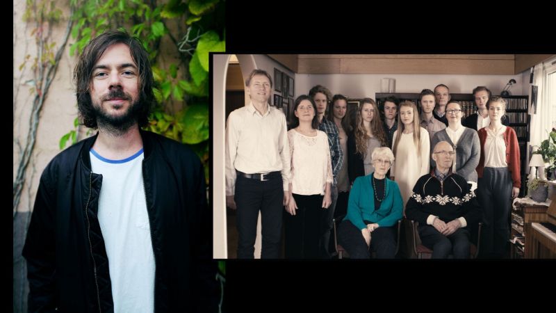 Kollasj av to bilder; Even Hafnor foran en grønn vegg, og familien Dvergsnes i en stue