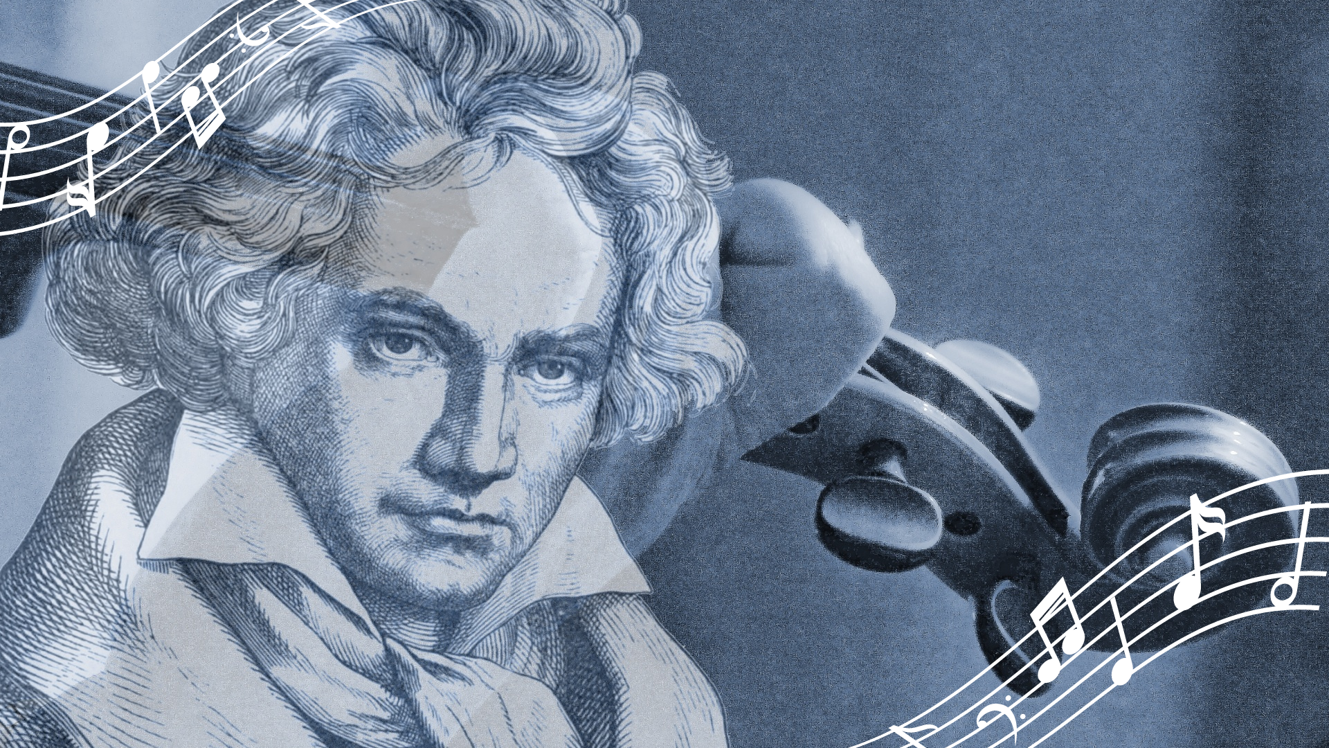 Beethoven illustrasjon med en fiolin i bakgrunnen og noter i forgrunnen