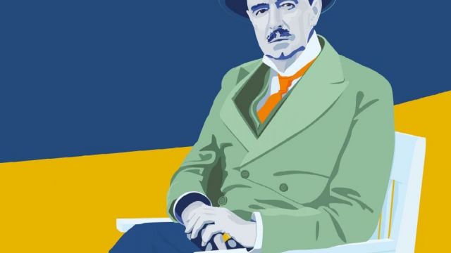 Illustrasjon av mann med bart og hatt sittende på en benk.