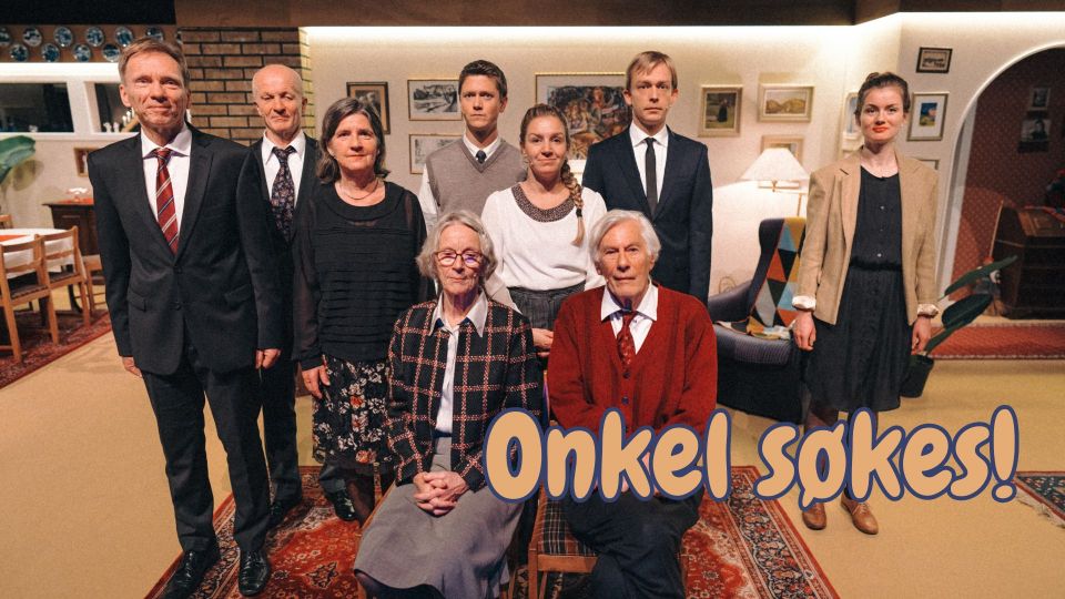 Forestillingsbilde fra Small Talk, med teksten "Onkel søkes!"