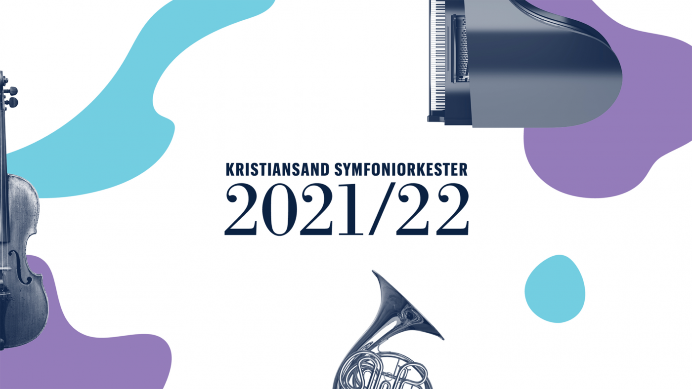 Grafisk element med musikkinstrumenter og former i lilla og turkis. Tekst: Kristiansand Symfoniorkester  2021-2022