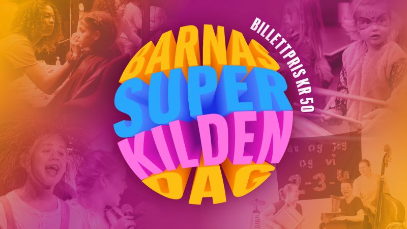 Bilde av leken "Barnas-SuperKildendag" logo i front. I bakgrunnen bilder av barn i ulike aktiviteter.