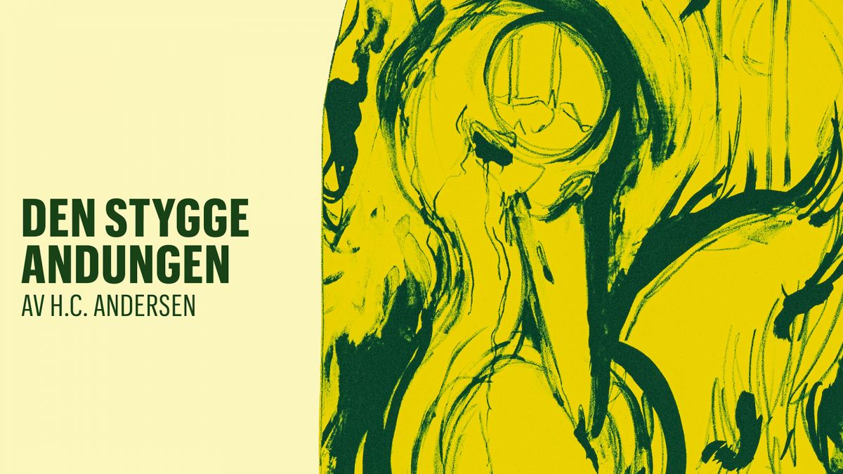 Gul plakat med en abstrakt and. Tittel "Den stygge andungen"