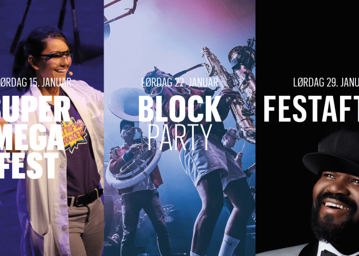 Collage av tre plakater for festene Supermegafest, Block Party og Festaften