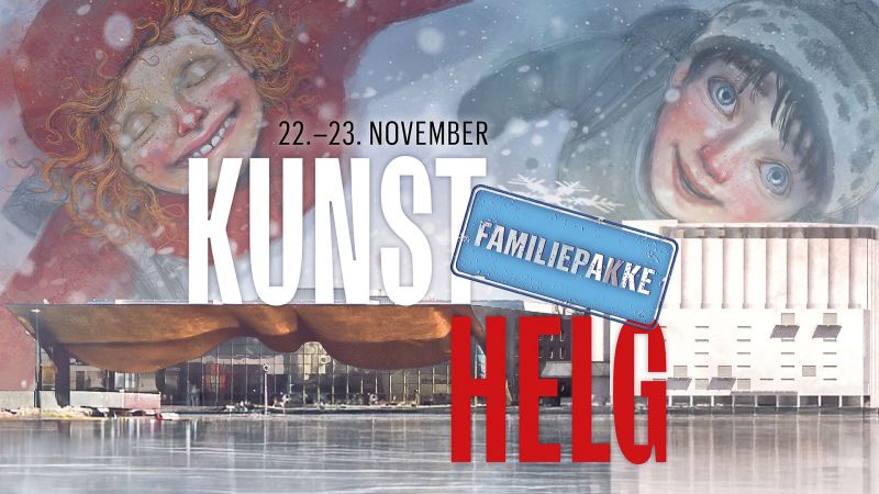 Kunsthelg. Bilde av Kilden og Kunstsilo ved siden av hverandre. På himmelen ser man plakatutrykket til Snøsøstera.
