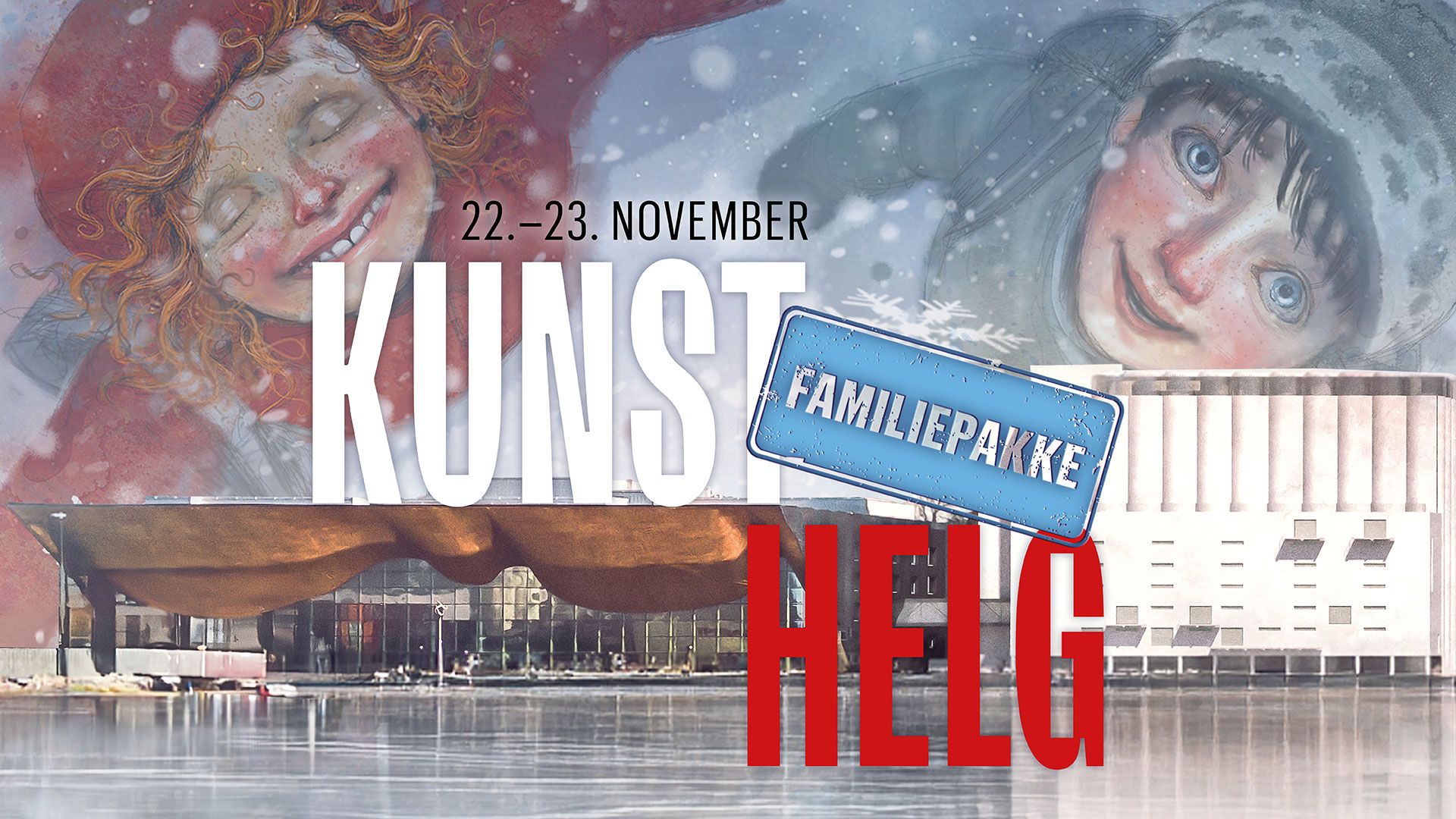 Kunsthelg. Bilde av Kilden og Kunstsilo ved siden av hverandre. På himmelen ser man plakatutrykket til Snøsøstera.