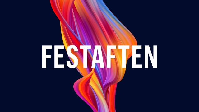 Grafisk element med fargerikt slør bak teksten: Festaften