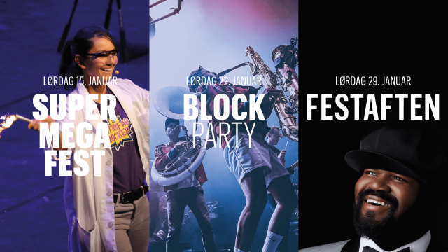 Collage av tre plakater for festene Supermegafest, Block Party og Festaften