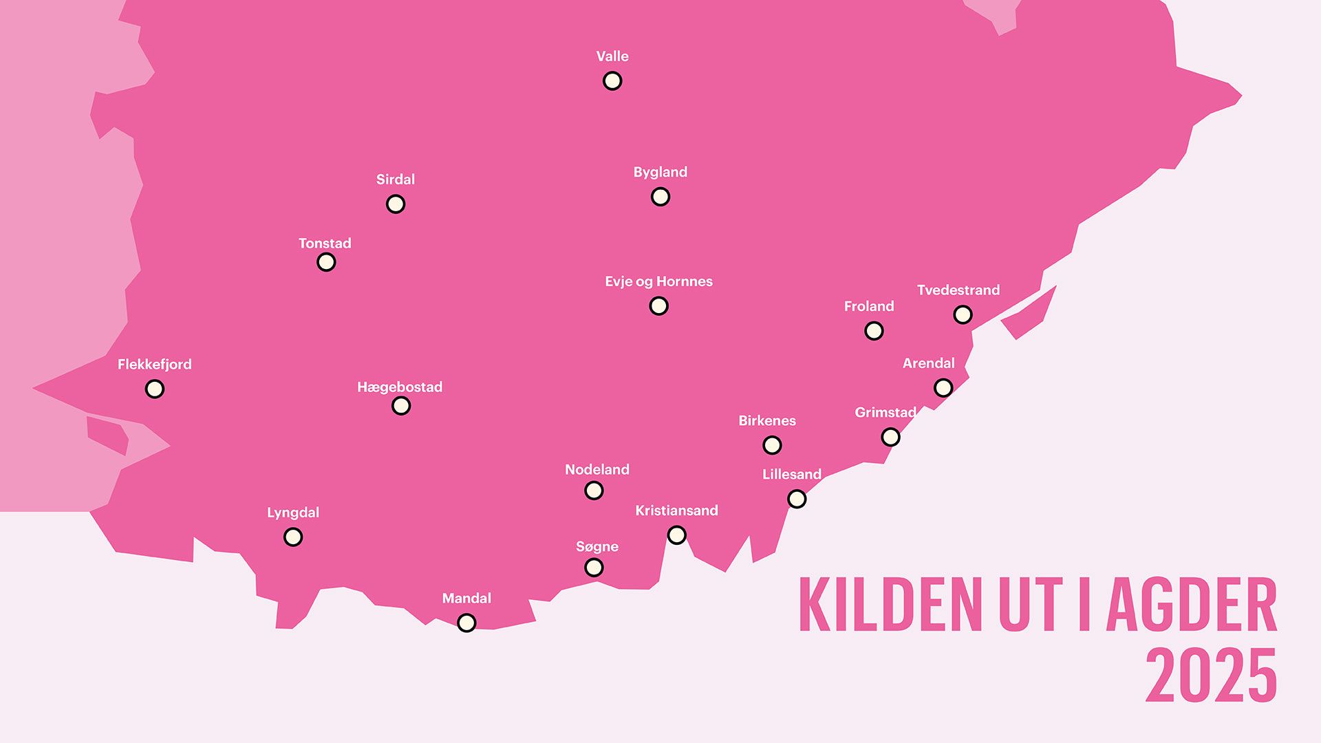 Rosa kart over steder Kilden skal besøke i 2025 som en del av satsningen Kilden ut i Agder.