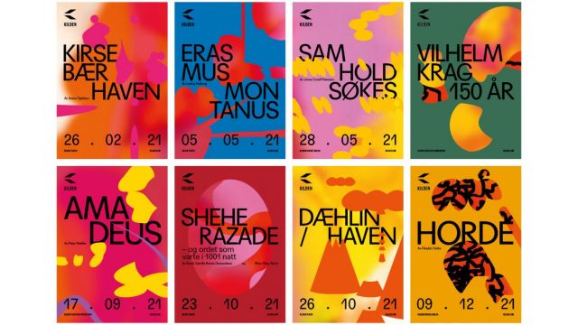 Collage av alle teaterplakatene for Kilden Teater 2021. Grafisk uttrykk.