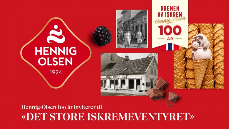 Rød bagrunn med Hennig Olsens logo og historiske bilder