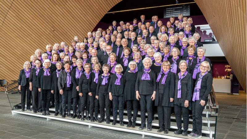 Kildens seniorkor, Sølvstrupene, står posert i foajeen i Kilden