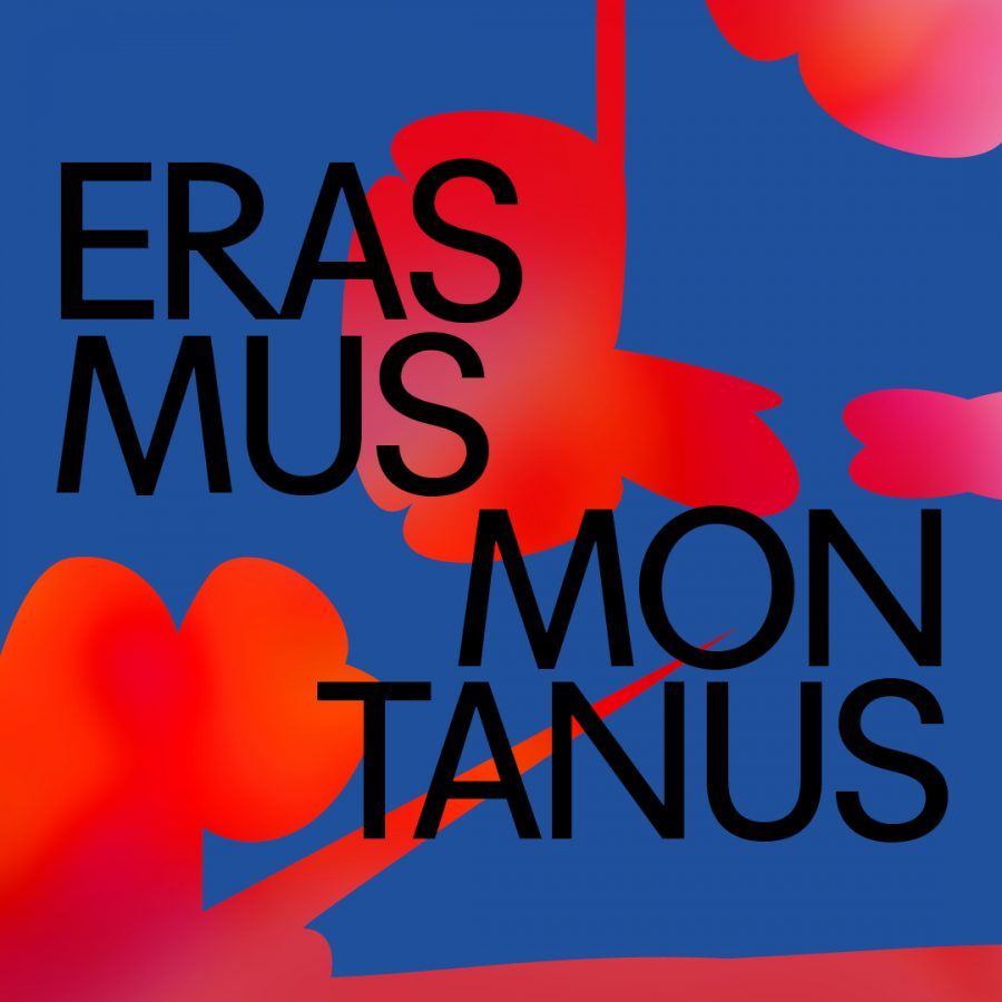 Blå plakat med røde elementer. Til forestillingen Erasmus Montanus.