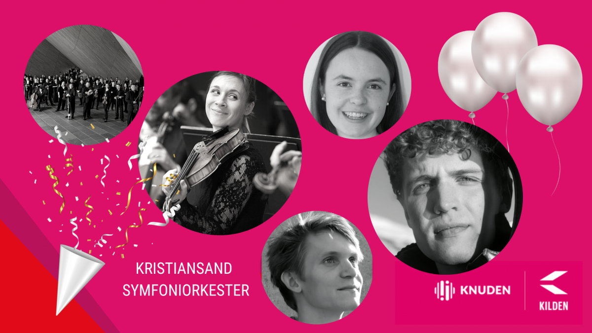 rosa bakgrunn med logoer til Knuden og Kilden, elementer av fest som ballonger og konfetti, profilbilder av elever og orkester