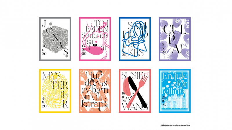 Åtte teaterplakater på hvit bakgrunn