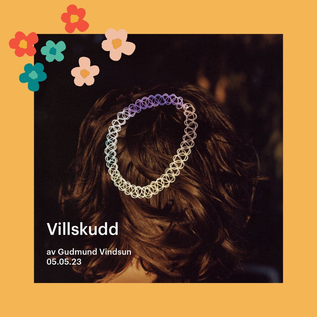 Illustration featuring the "Villskudd" poster on an orange background.