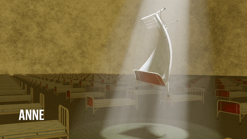 Animert teaterplakat av forestilingen Anne. En seng som danser i sola.