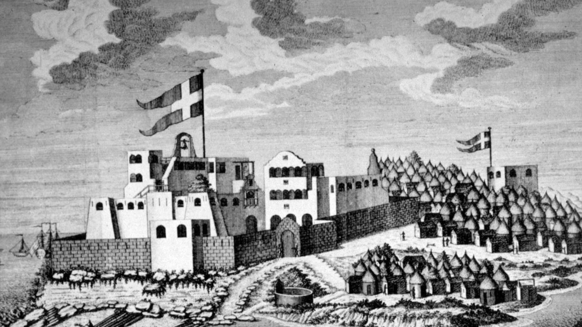Svart-hvit illustrasjon av slavefortet Christiansborg.
