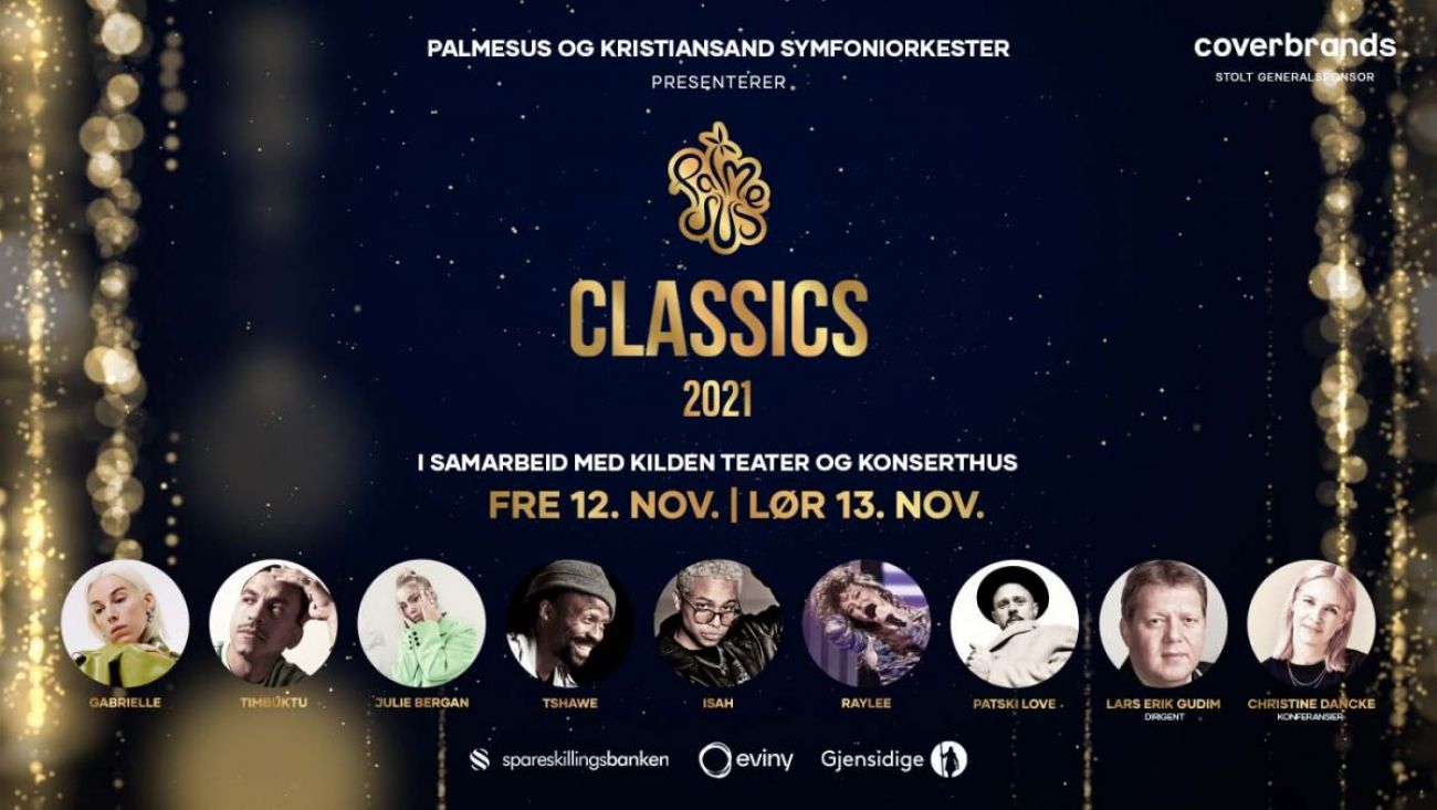 Grafisk element med runde bilder av artister. Tekst og log for Palmesus Classics