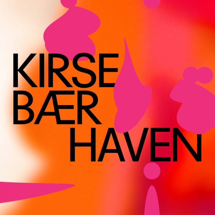 Plakat med oransje bakgrunn og rosa elementer foran