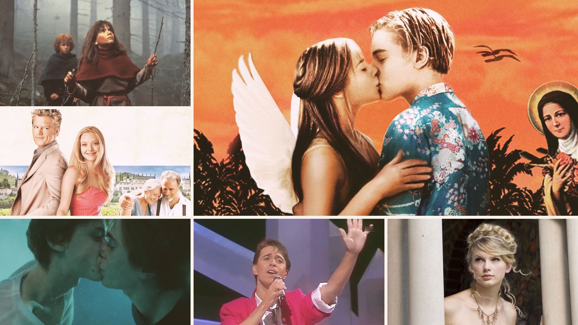 A collage of pop culture references to Romeo and Juliet