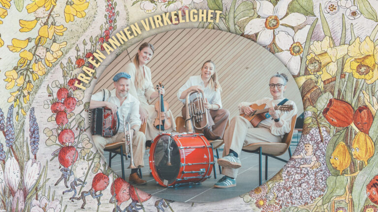 Bandbilde av skuespillerne Ann Ingrid, Ulla og Håkon sammen med fiolinist Henriette. Bakgrunnen er fargerik med tegnede blomster.